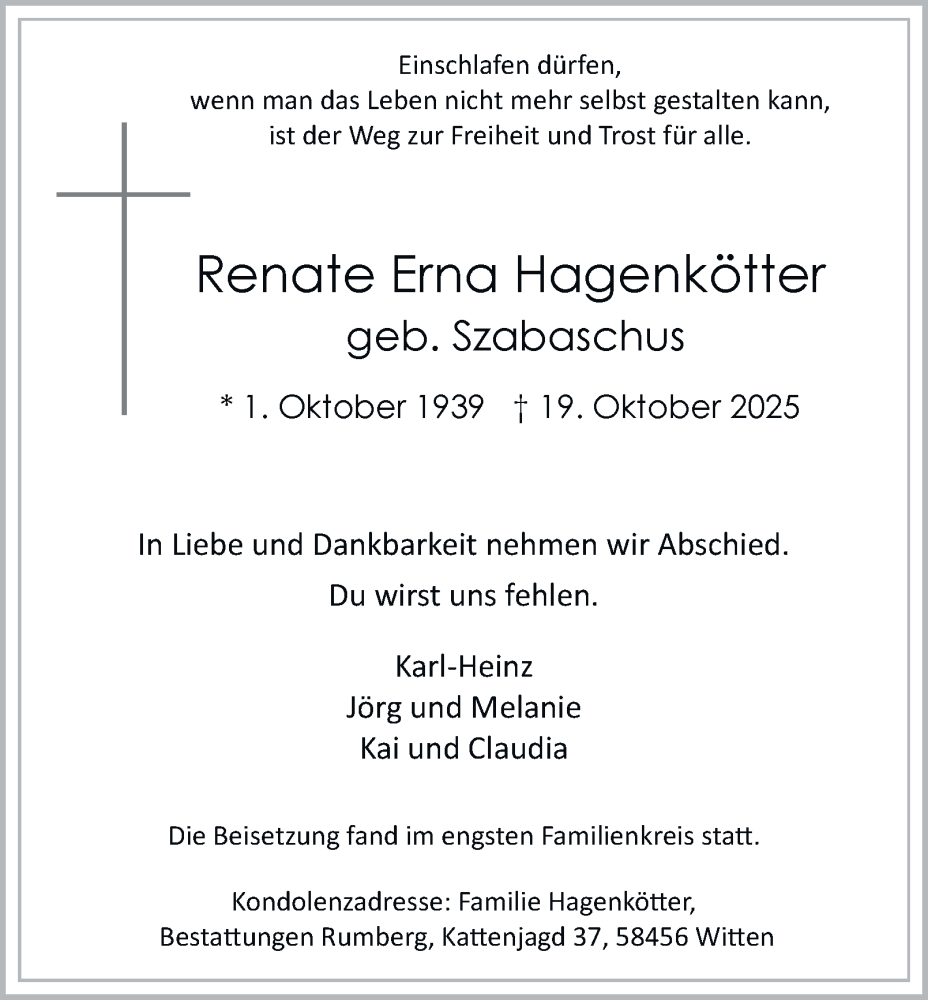  Traueranzeige für Renate Erna Hagenkötter vom 08.11.2025 aus Tageszeitung