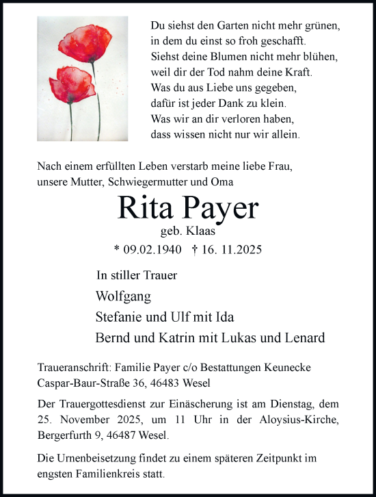 Traueranzeige von Rita Payer von Tageszeitung