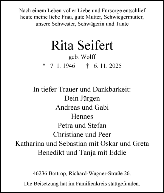 Traueranzeige von Rita Seifert von Tageszeitung