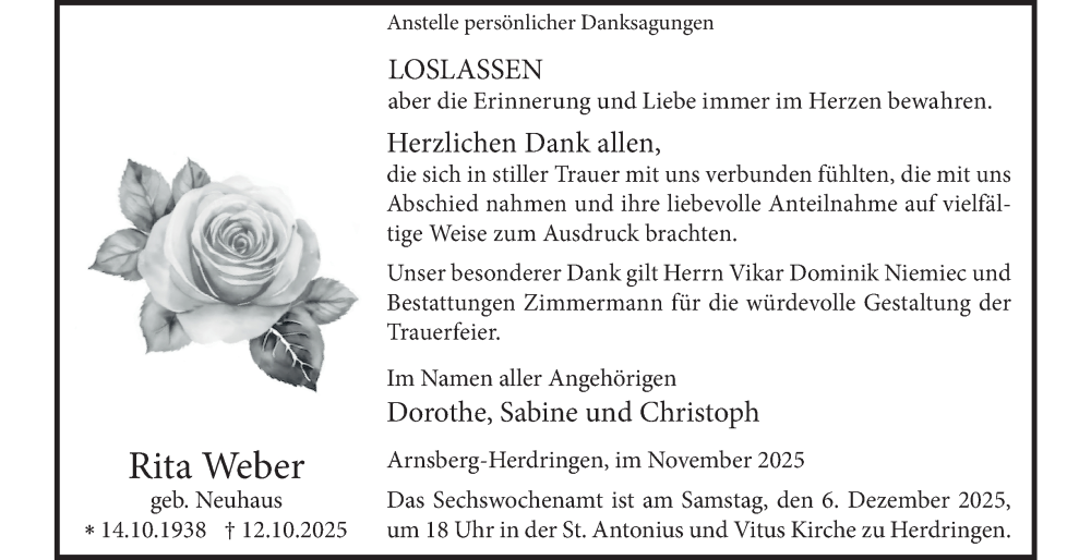  Traueranzeige für Rita Weber vom 29.11.2025 aus Tageszeitung