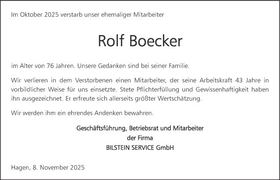 Traueranzeige von Rolf Boecker von Tageszeitung