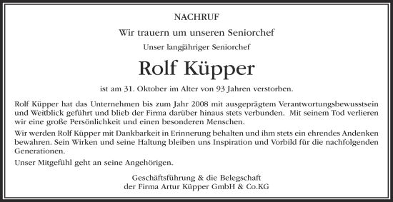 Traueranzeige von Rolf Küpper von Tageszeitung