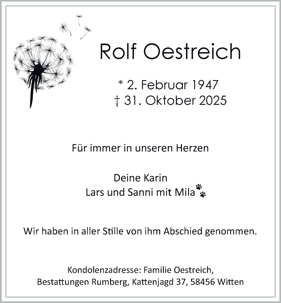  Traueranzeige für Rolf Oestreich vom 22.11.2025 aus Tageszeitung