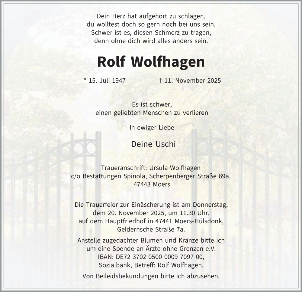  Traueranzeige für Rolf Wolfhagen vom 15.11.2025 aus Tageszeitung