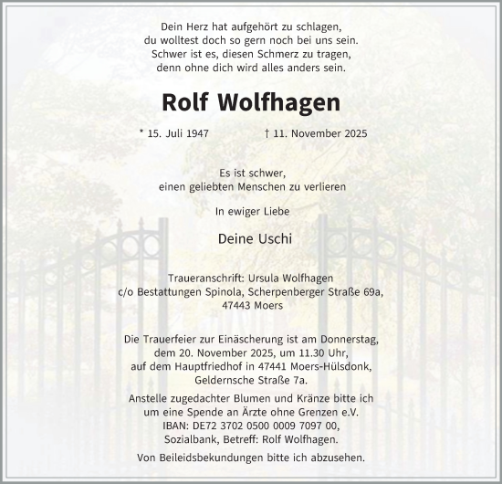 Traueranzeige von Rolf Wolfhagen von Tageszeitung