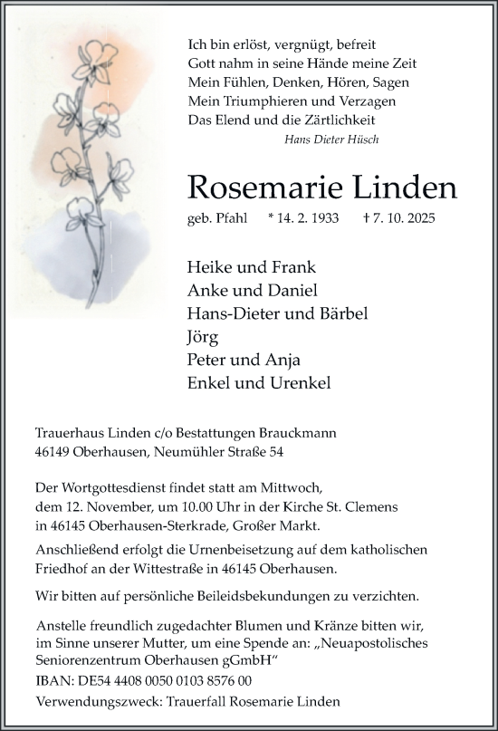 Traueranzeige von Rosemarie Linden von Tageszeitung