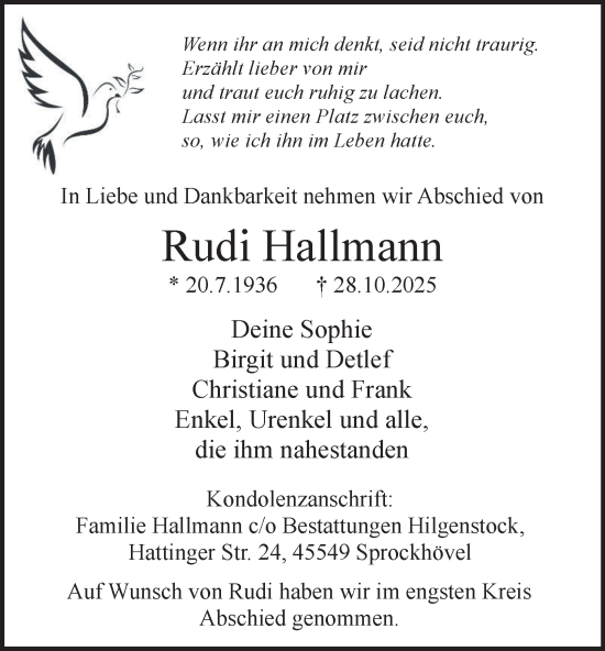 Traueranzeige von Rudi Hallmann von Tageszeitung