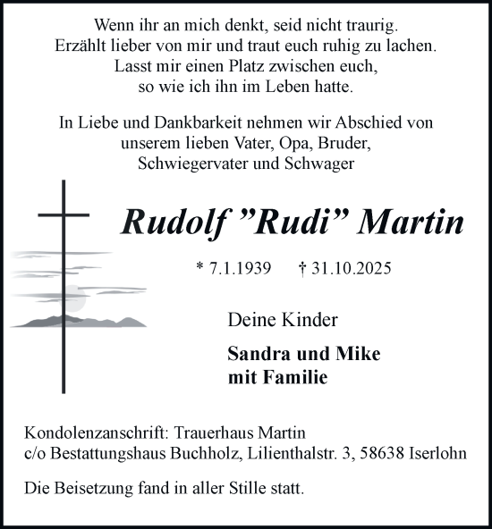 Traueranzeige von Rudolf Martin von Tageszeitung