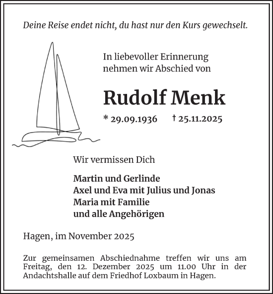 Traueranzeige von Rudolf Menk von Tageszeitung