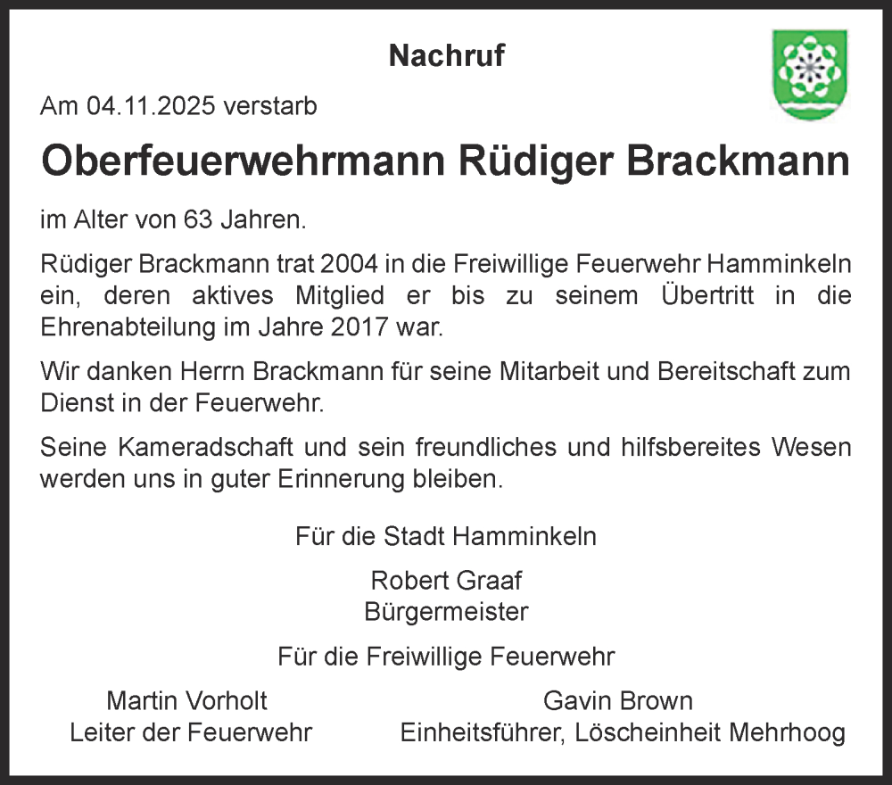  Traueranzeige für Rüdiger Brackmann vom 19.11.2025 aus Tageszeitung
