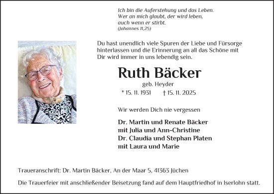 Traueranzeige von Ruth Bäcker von Tageszeitung