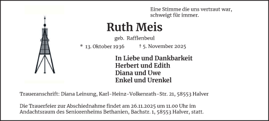 Traueranzeige von Ruth Meis von Tageszeitung