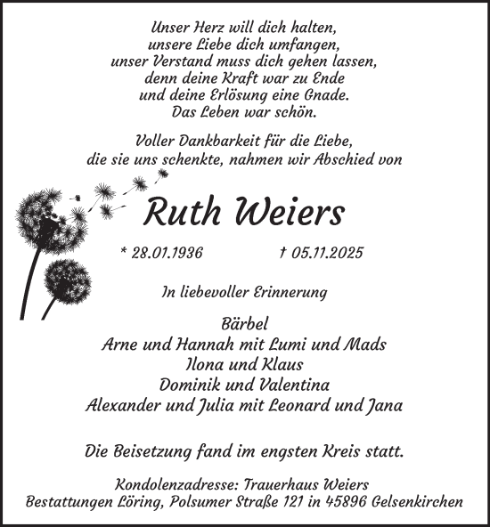 Traueranzeige von Ruth Weiers von Tageszeitung