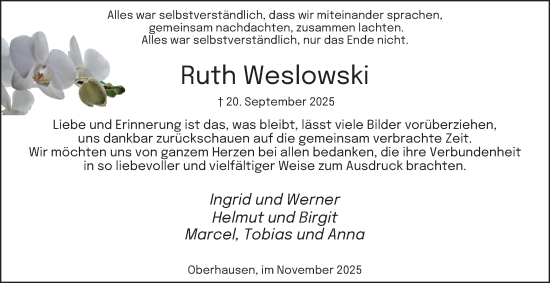 Traueranzeige von Ruth Weslowski von Tageszeitung