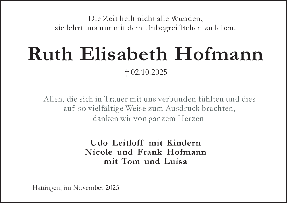  Traueranzeige für Ruth Elisabeth Hofmann vom 15.11.2025 aus Tageszeitung