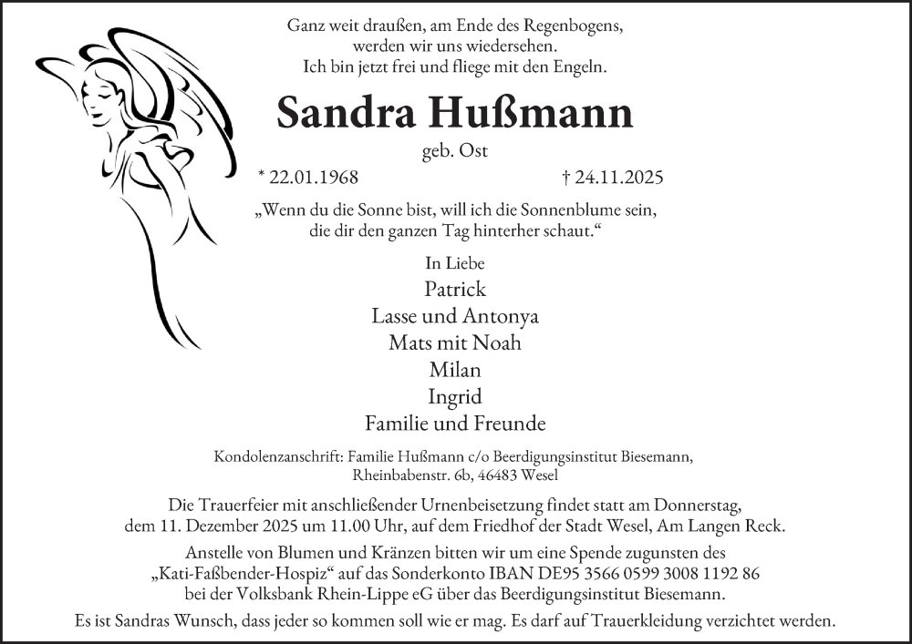  Traueranzeige für Sandra Hußmann vom 29.11.2025 aus Tageszeitung