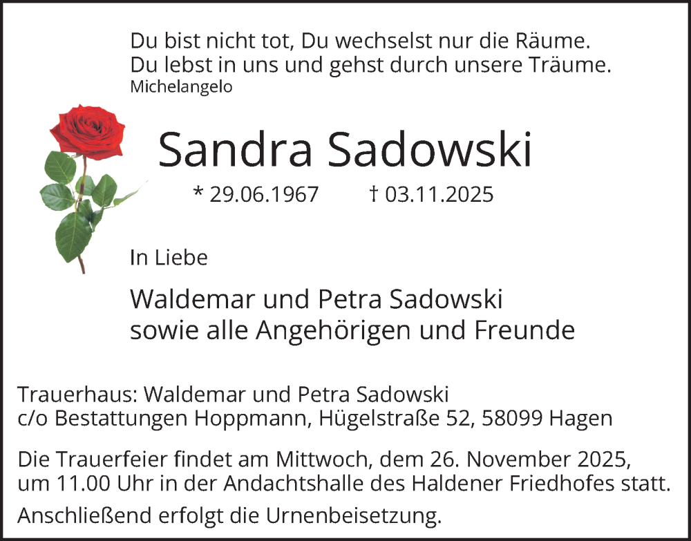  Traueranzeige für Sandra Sadowski vom 15.11.2025 aus Tageszeitung