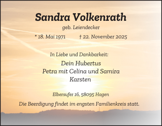 Traueranzeige von Sandra Volkenrath von Tageszeitung