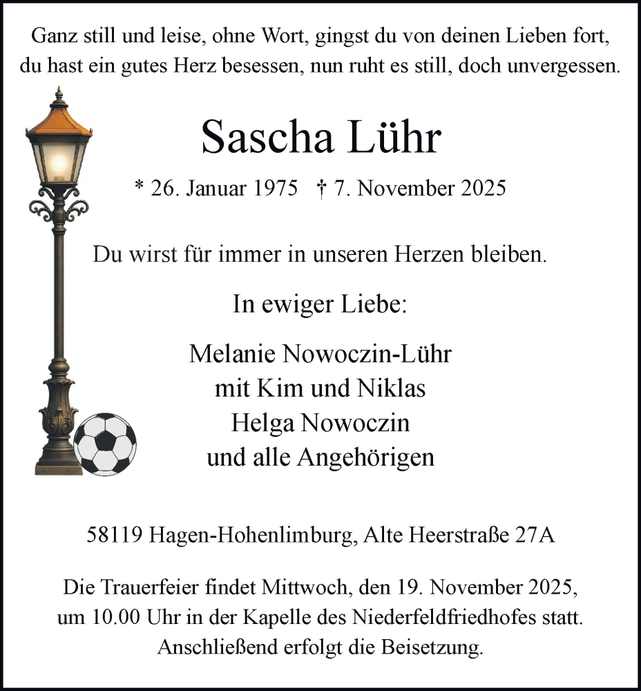  Traueranzeige für Sascha Lühr vom 15.11.2025 aus Tageszeitung
