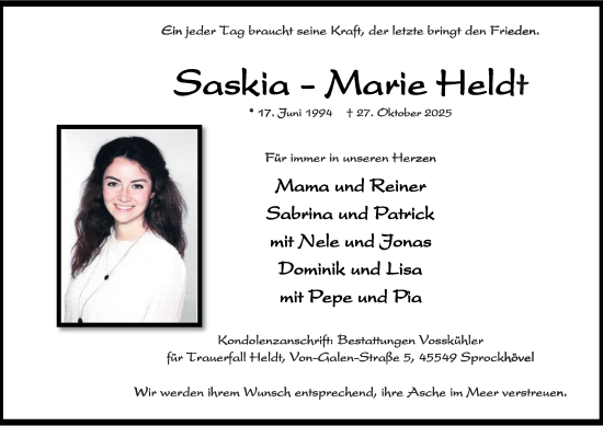 Traueranzeige von Saskia - Marie Heldt von Tageszeitung