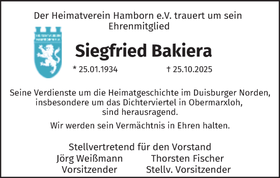 Traueranzeige von Siegfried Bakiera von Tageszeitung