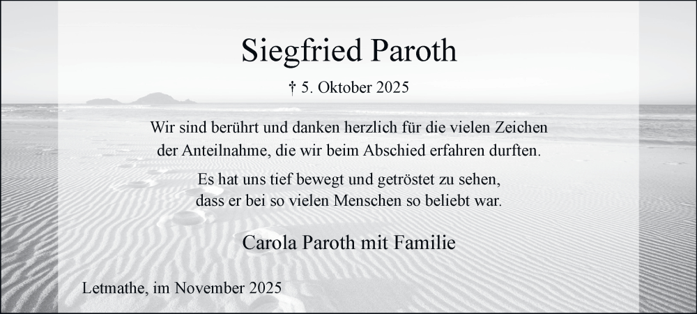  Traueranzeige für Siegfried Paroth vom 15.11.2025 aus Tageszeitung