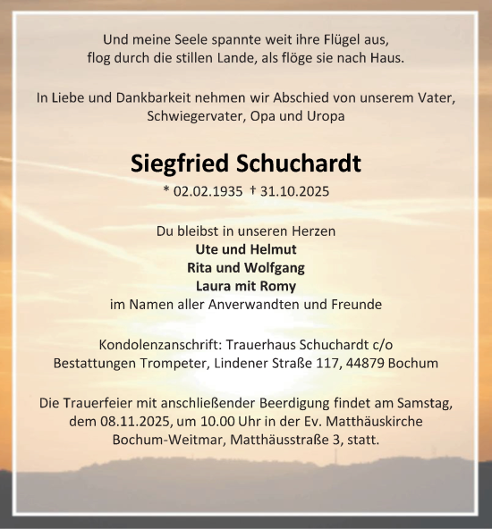 Traueranzeige von Siegfried Schuchardt von Tageszeitung