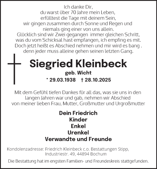 Traueranzeige von Siegried Kleinbeck von Tageszeitung