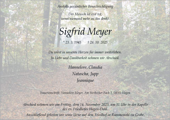 Traueranzeige von Sigfrid Meyer von Tageszeitung