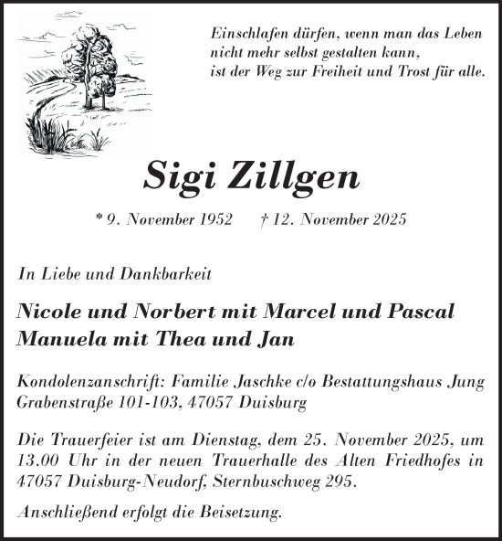 Traueranzeige von Sigi Zillgen von Tageszeitung