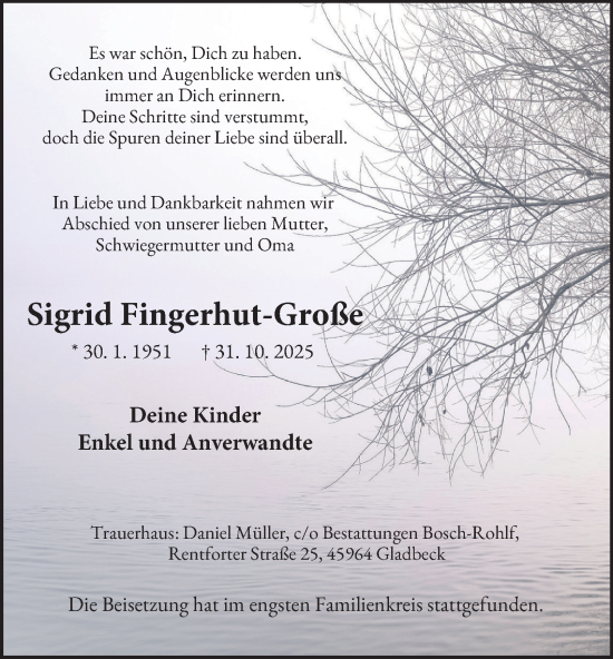 Traueranzeige von Sigrid Fingerhut-Große von Tageszeitung