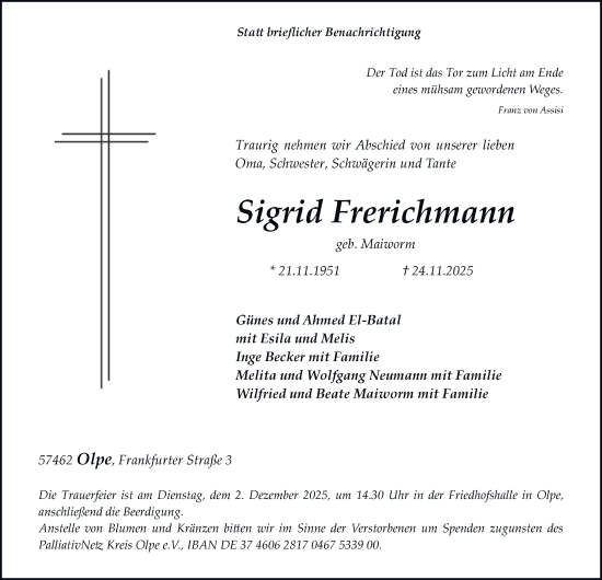 Traueranzeige von Sigrid Frerichmann von Tageszeitung