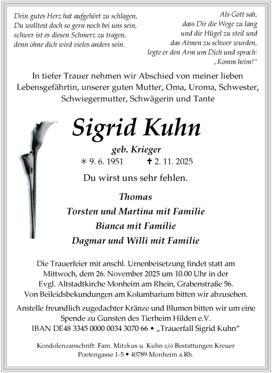 Traueranzeige von Sigrid Kuhn von Tageszeitung