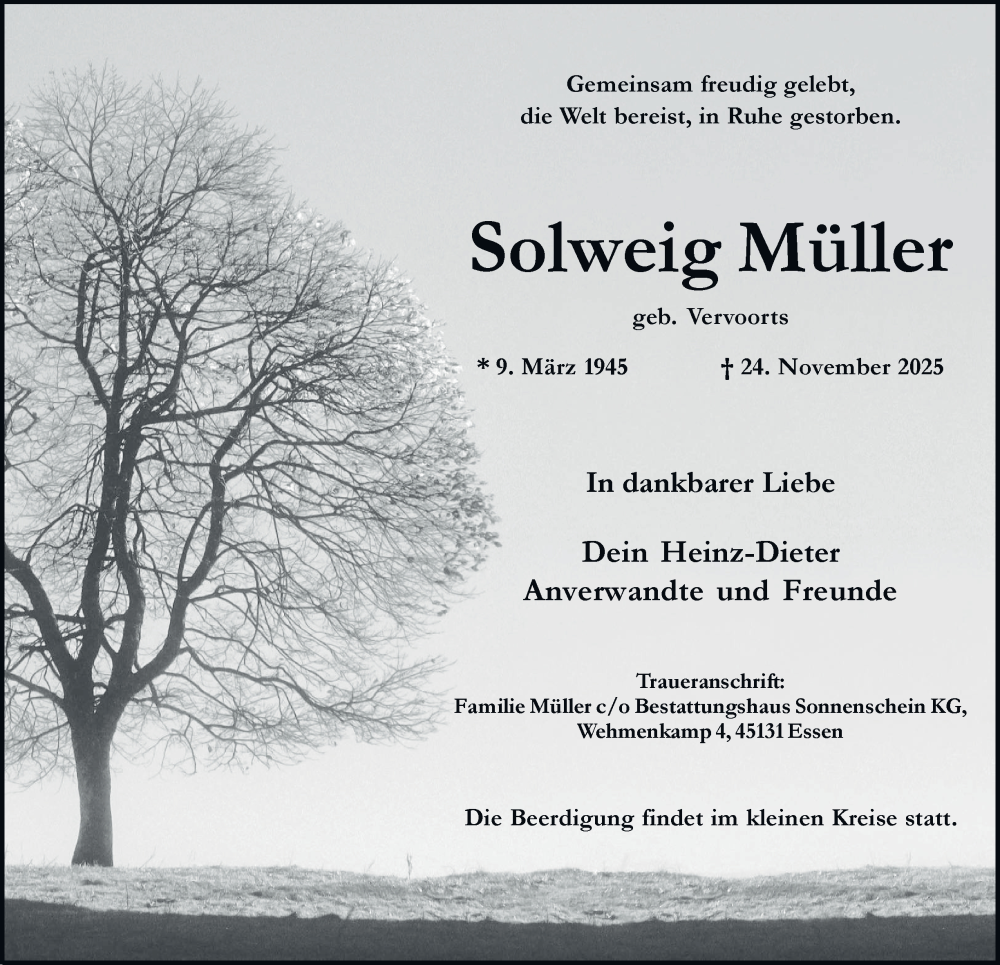  Traueranzeige für Solweig Müller vom 29.11.2025 aus Tageszeitung
