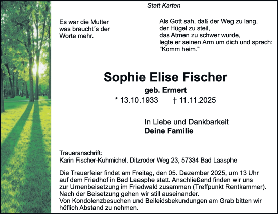 Traueranzeige von Sophie Elise Fischer von Tageszeitung
