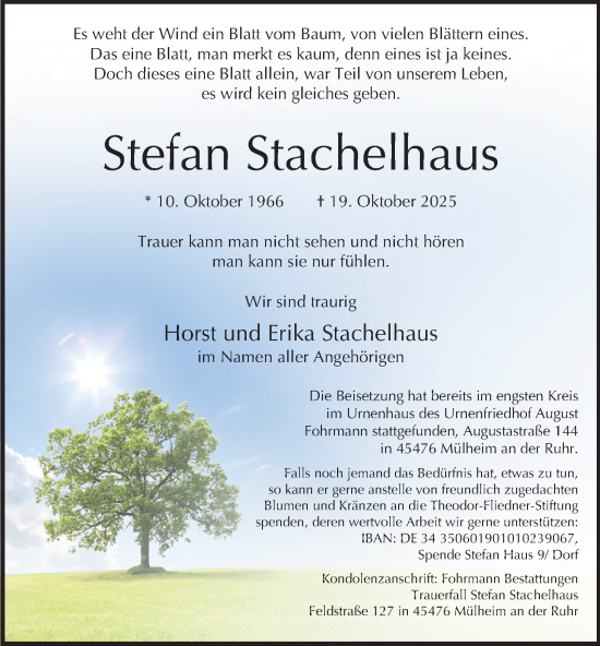 Traueranzeige von Stefan Stachelhaus von Tageszeitung