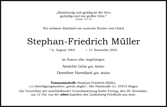 Traueranzeige von Stephan-Friedrich Müller von Tageszeitung