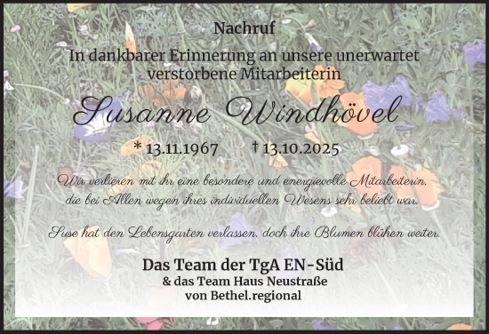 Traueranzeige von Susanne Windhövel von Tageszeitung