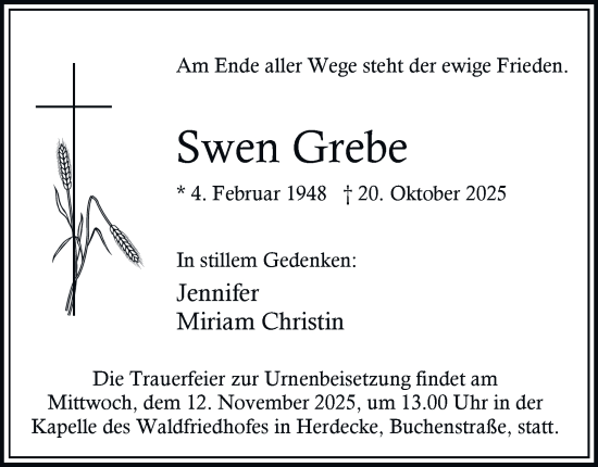 Traueranzeige von Swen Grebe von Tageszeitung