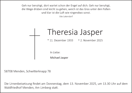 Traueranzeige von Theresia Jasper von Tageszeitung