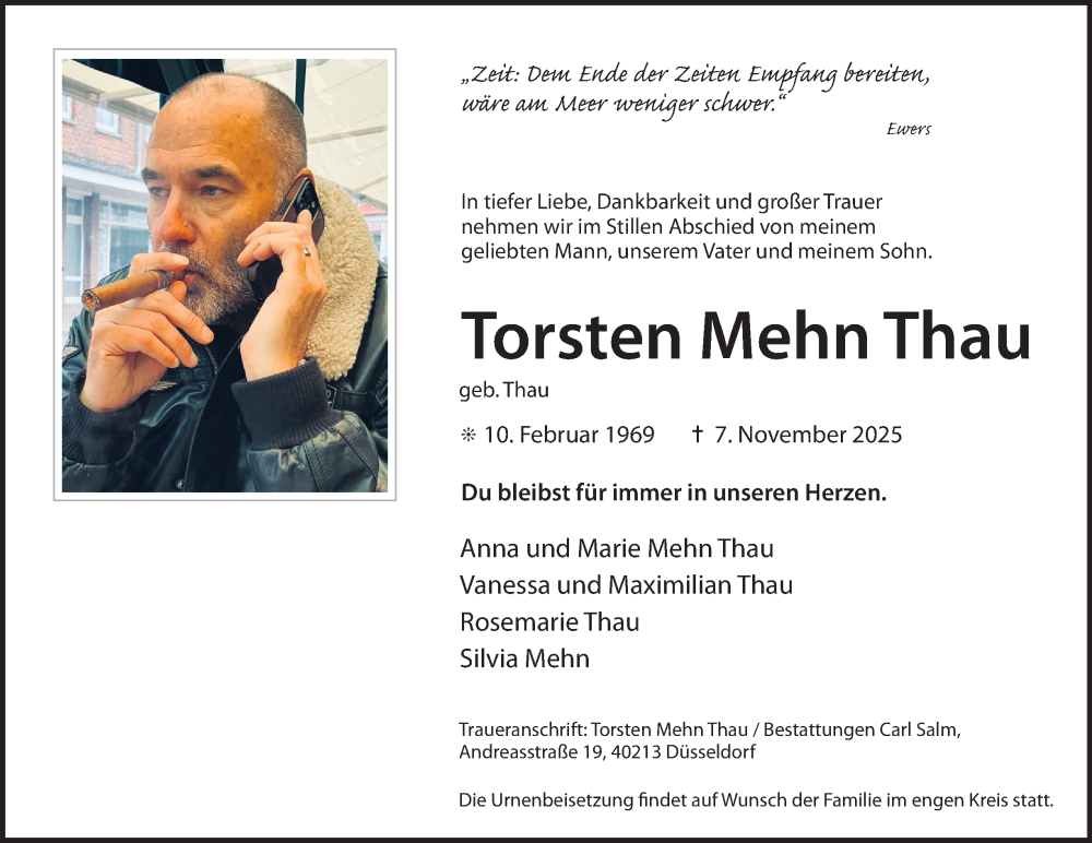 Traueranzeige für Torsten Mehn Thau vom 22.11.2025 aus Tageszeitung