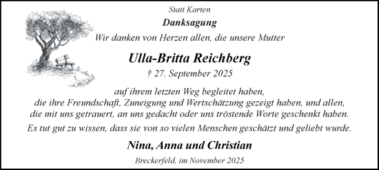 Traueranzeige von Ulla-Britta Reichberg von Tageszeitung