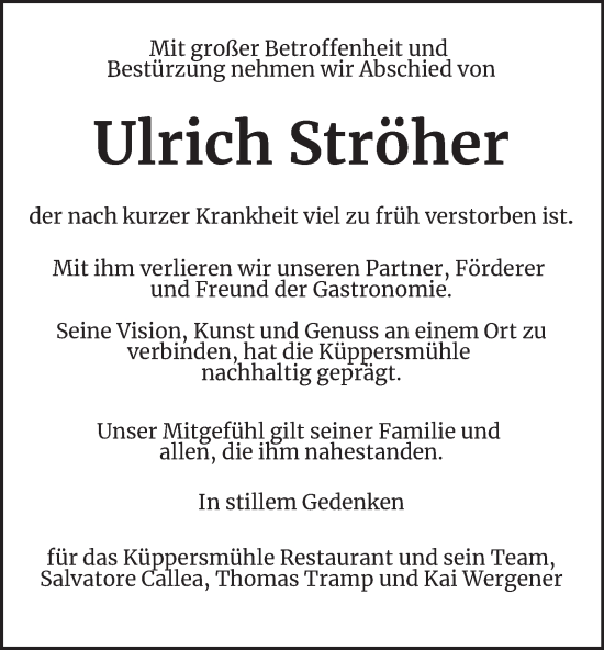 Traueranzeige von Ulrich Ströher von Tageszeitung