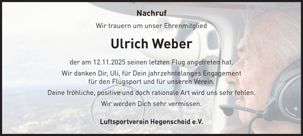  Traueranzeige für Ulrich Weber vom 22.11.2025 aus Tageszeitung