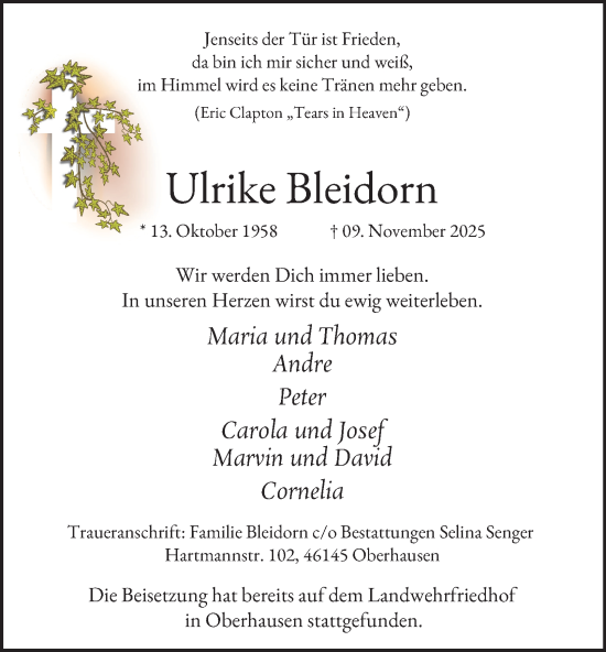 Traueranzeige von Ulrike Bleidorn von Tageszeitung