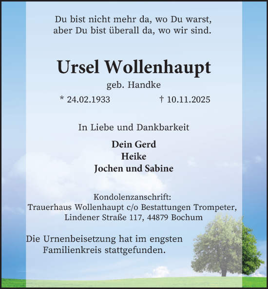 Traueranzeige von Ursel Wollenhaupt von Tageszeitung
