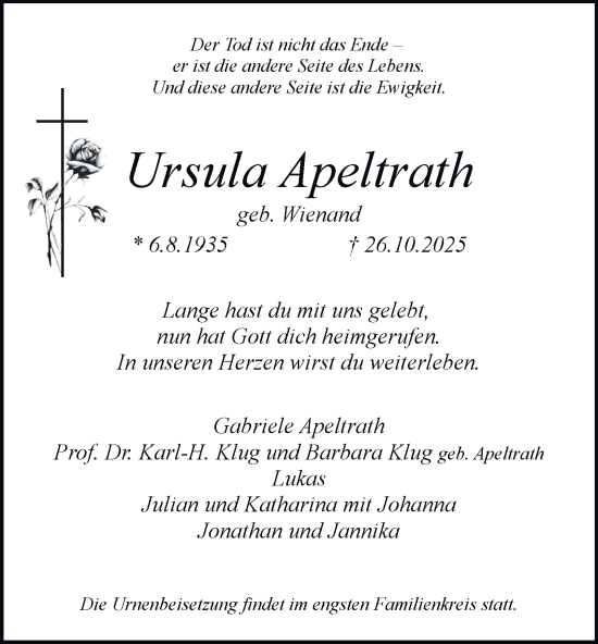 Traueranzeige von Ursula Apeltrath von Tageszeitung
