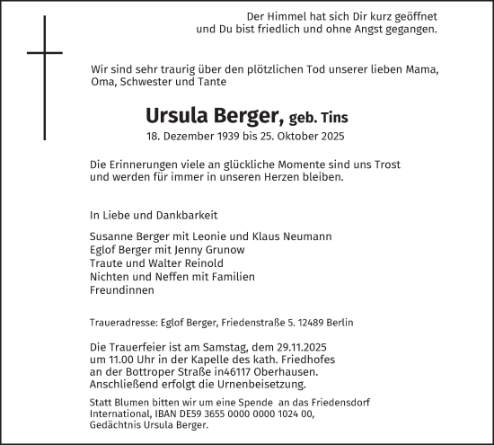 Traueranzeige von Ursula Berger von Tageszeitung