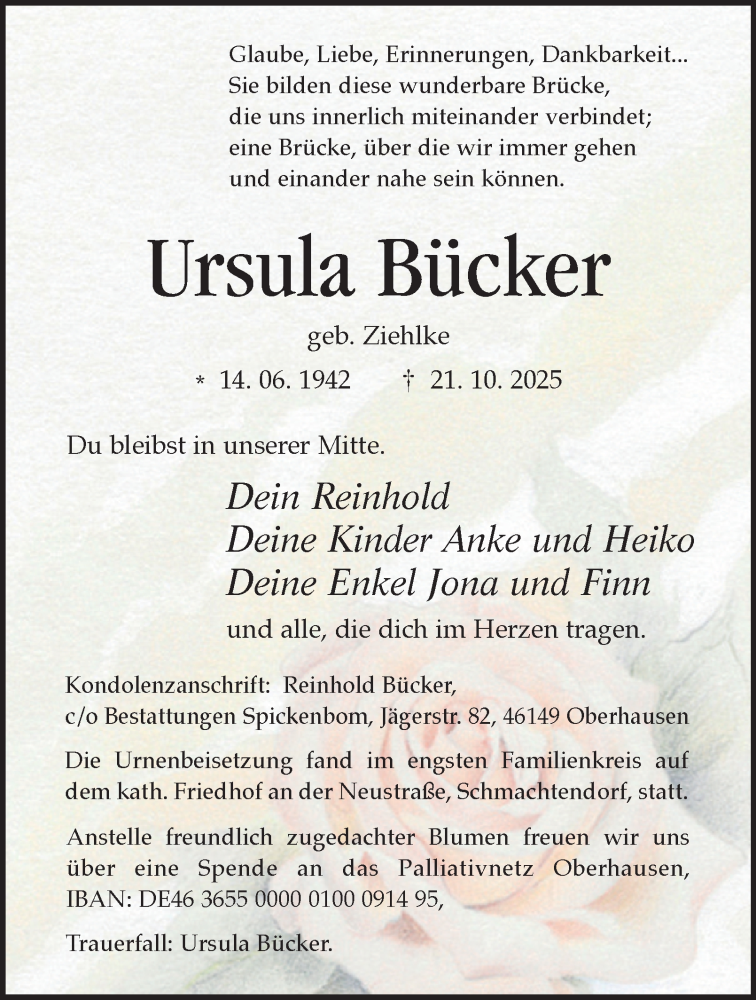  Traueranzeige für Ursula Bücker vom 08.11.2025 aus Tageszeitung