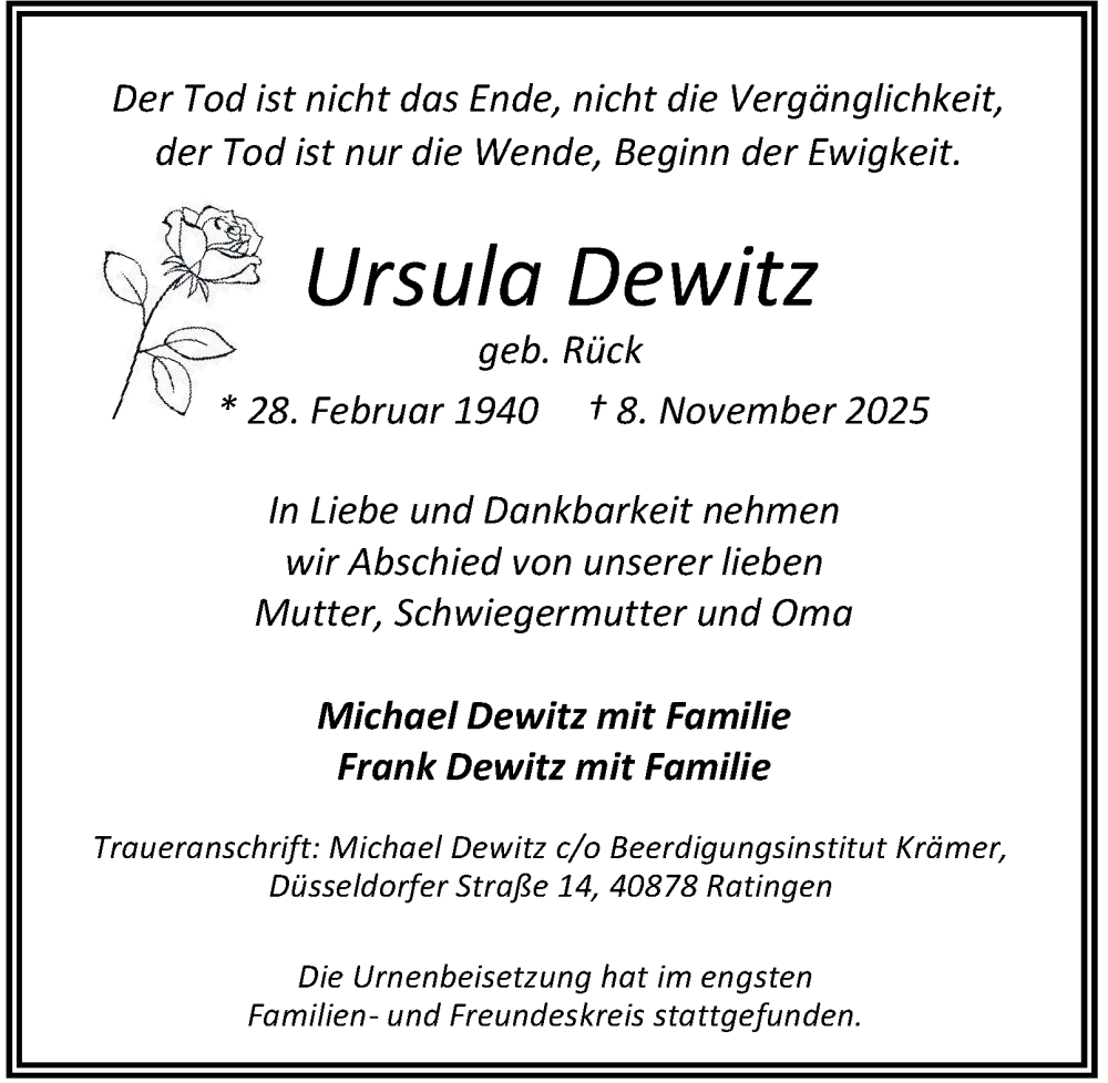  Traueranzeige für Ursula Dewitz vom 29.11.2025 aus Tageszeitung